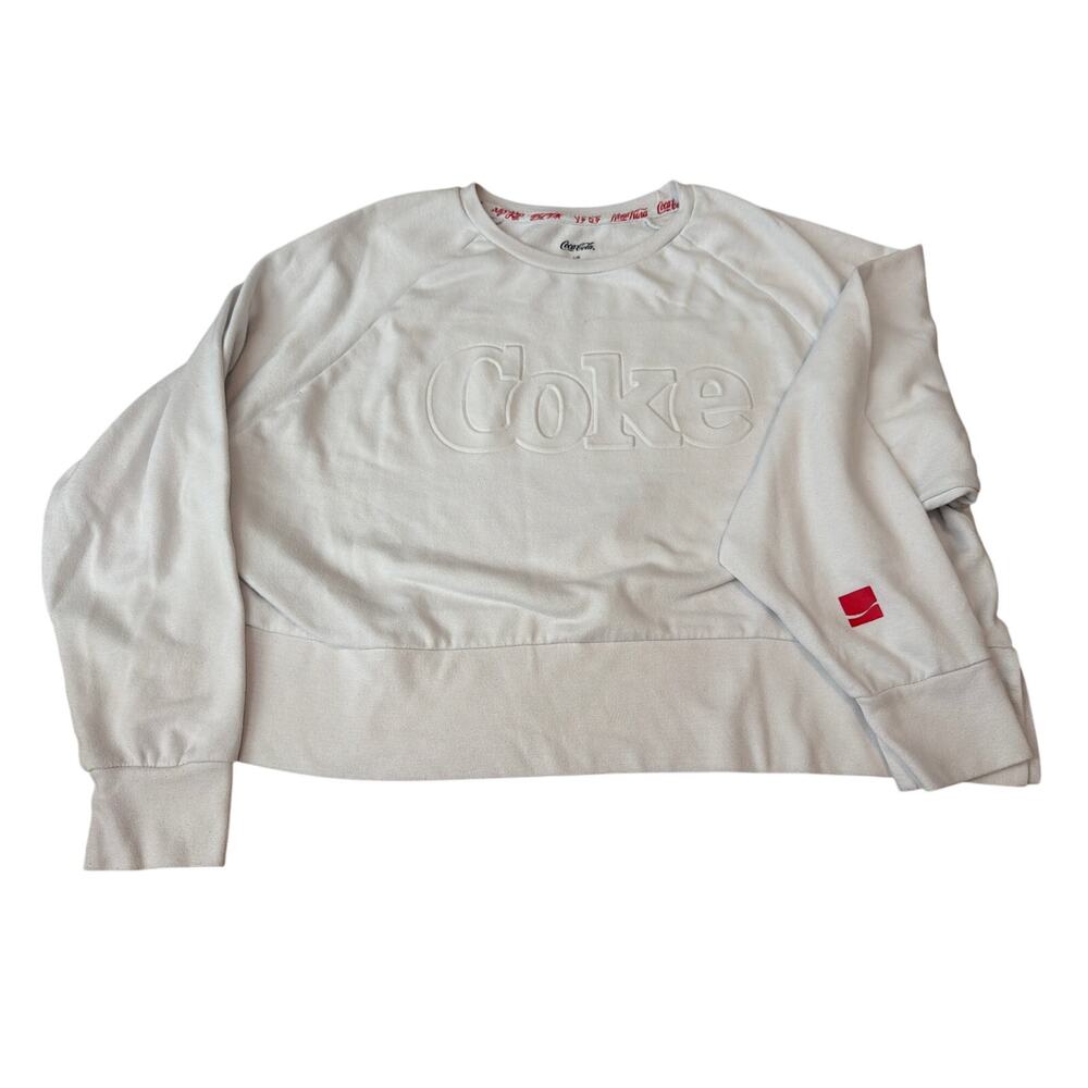 Coca-Cola White Short Sweatshirt with Coke Graphic Size Large Embossed